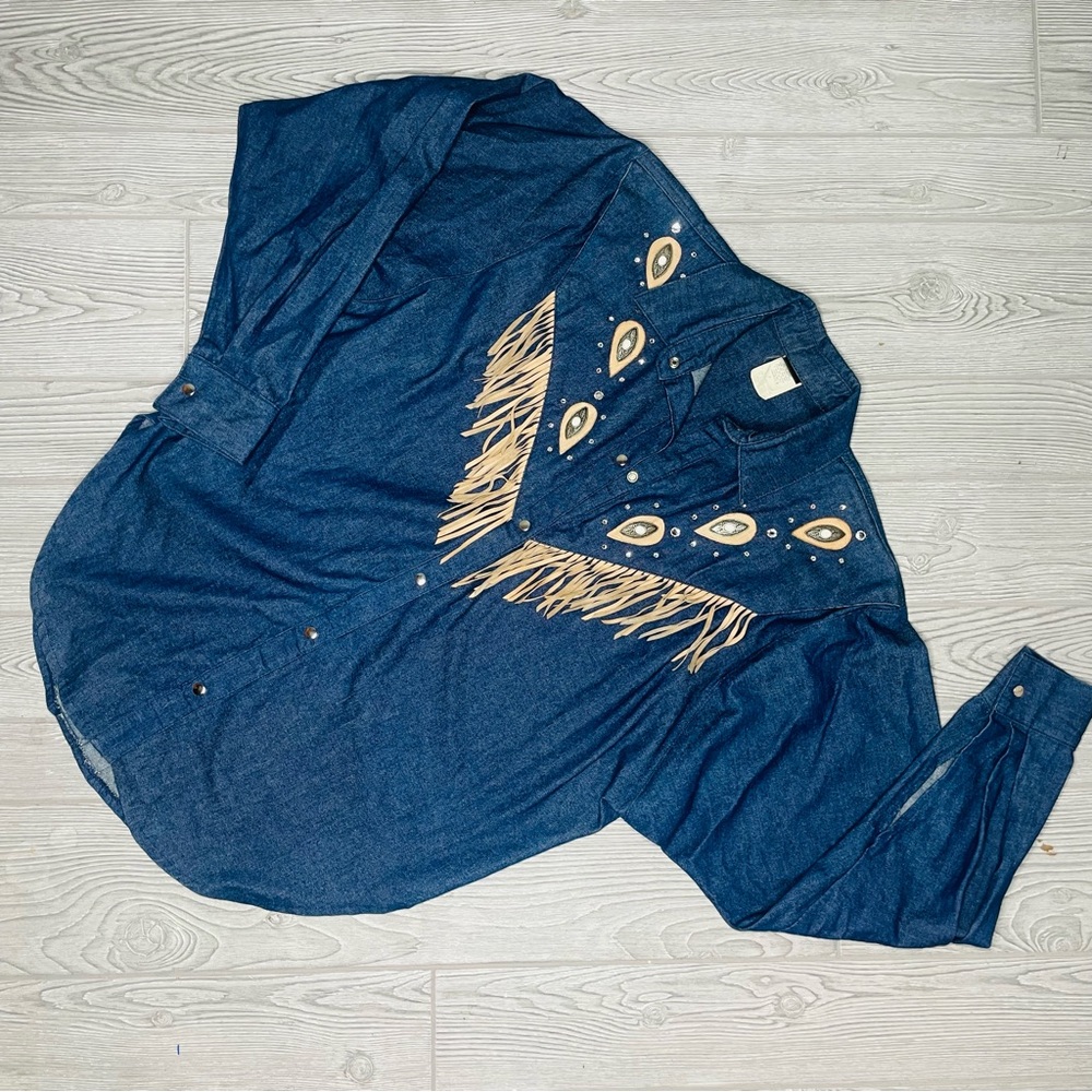 Iif vintage 80s tassel western blue jean button up long sleeve shirt petit